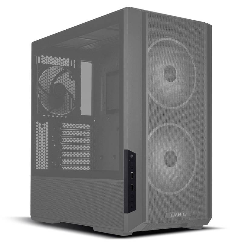 Computerturm mit Lüftern und transparentem Gehäuse, zeigt Innenansicht mit Platz für Komponenten.