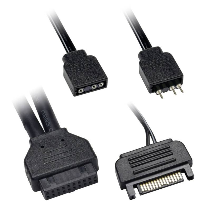 Verschiedene Kabelanschlüsse sind zu sehen: ein 3-poliger, ein 4-poliger, ein S-ATA und ein großer mehrpoliger Anschluss.