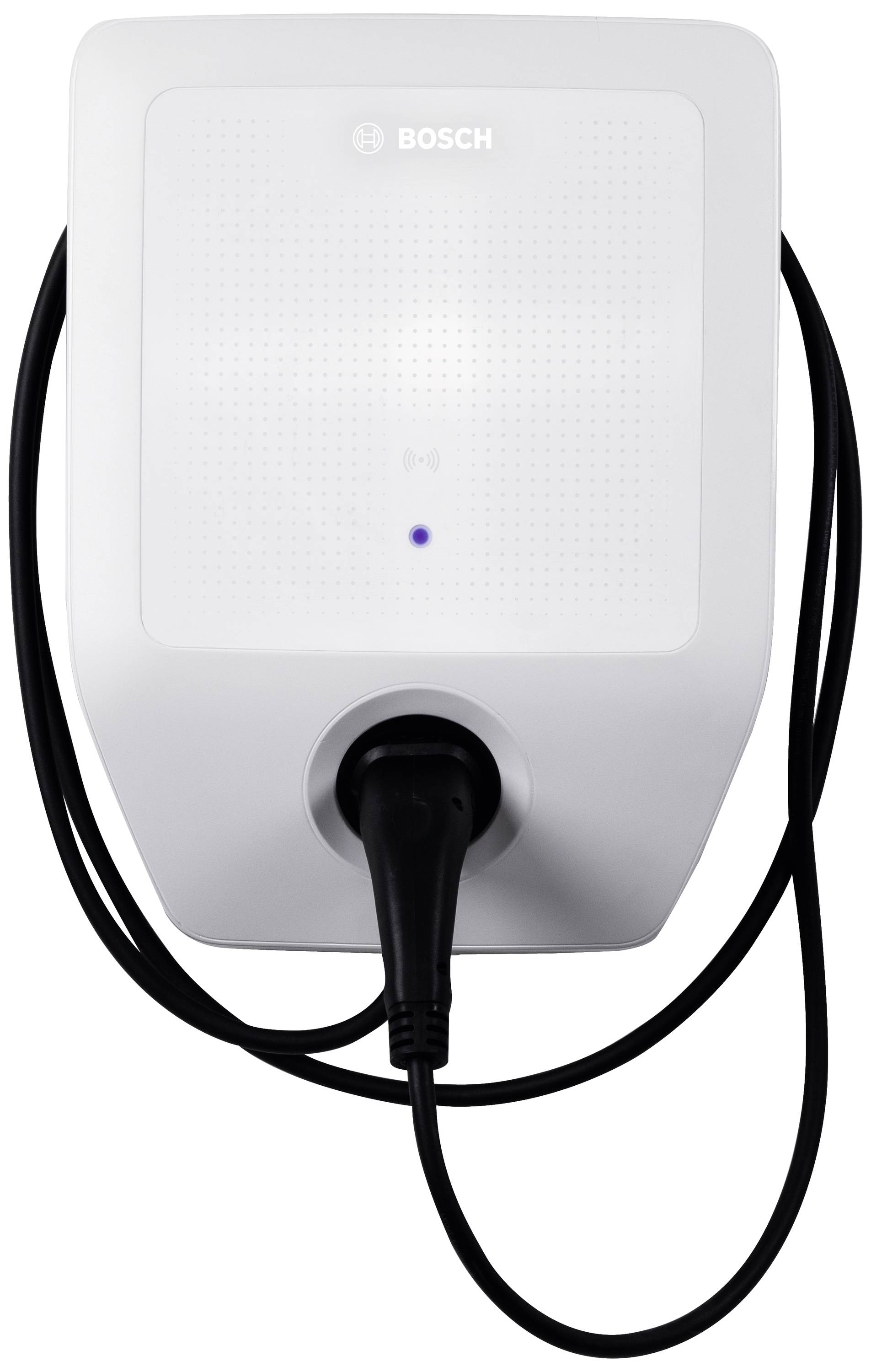 Weiße Bosch-Ladestation für Elektrofahrzeuge, montiert an einer Wand. Ein schwarzes Ladekabel ist daran angeschlossen.