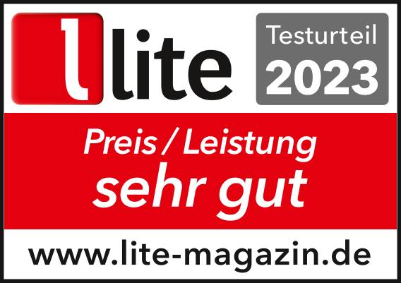 'Lite Magazin' Logo mit 'Testurteil 2023', Text 'Preis/Leistung sehr gut', Website 'www.lite-magazin.de'.