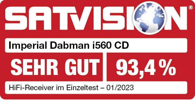 'Imperial Dabman i560 CD' Testergebnis von SATVISION: 'SEHR GUT' mit 93,4%. HiFi-Receiver im Einzeltest, Januar 2023.