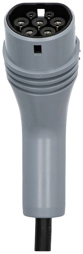 Grauer Typ-2-Stecker, verwendet für die Aufladung von Elektrofahrzeugen, mit mehreren Metallkontakten und einem glatten Kunststoffgriff.