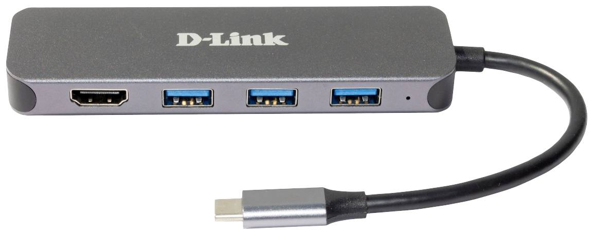 Ein USB-C-Hub von D-Link mit einem HDMI-Anschluss, drei USB-Anschlüssen und einem fest verbundenen Kabel.