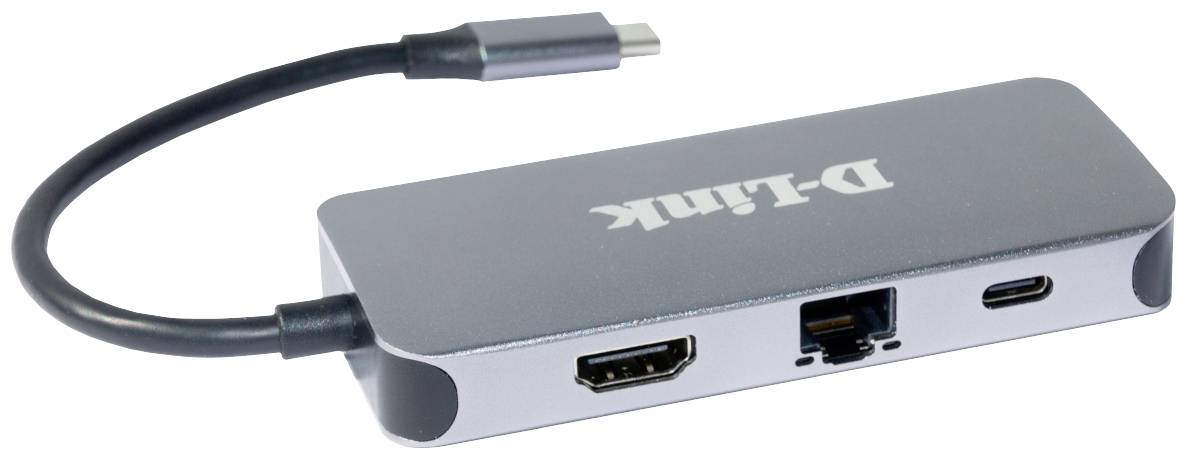 Ein USB-C-Hub mit HDMI-, USB- und Ethernet-Anschlüssen von D-Link, geeignet zur Erweiterung von Anschlussmöglichkeiten für Laptops.