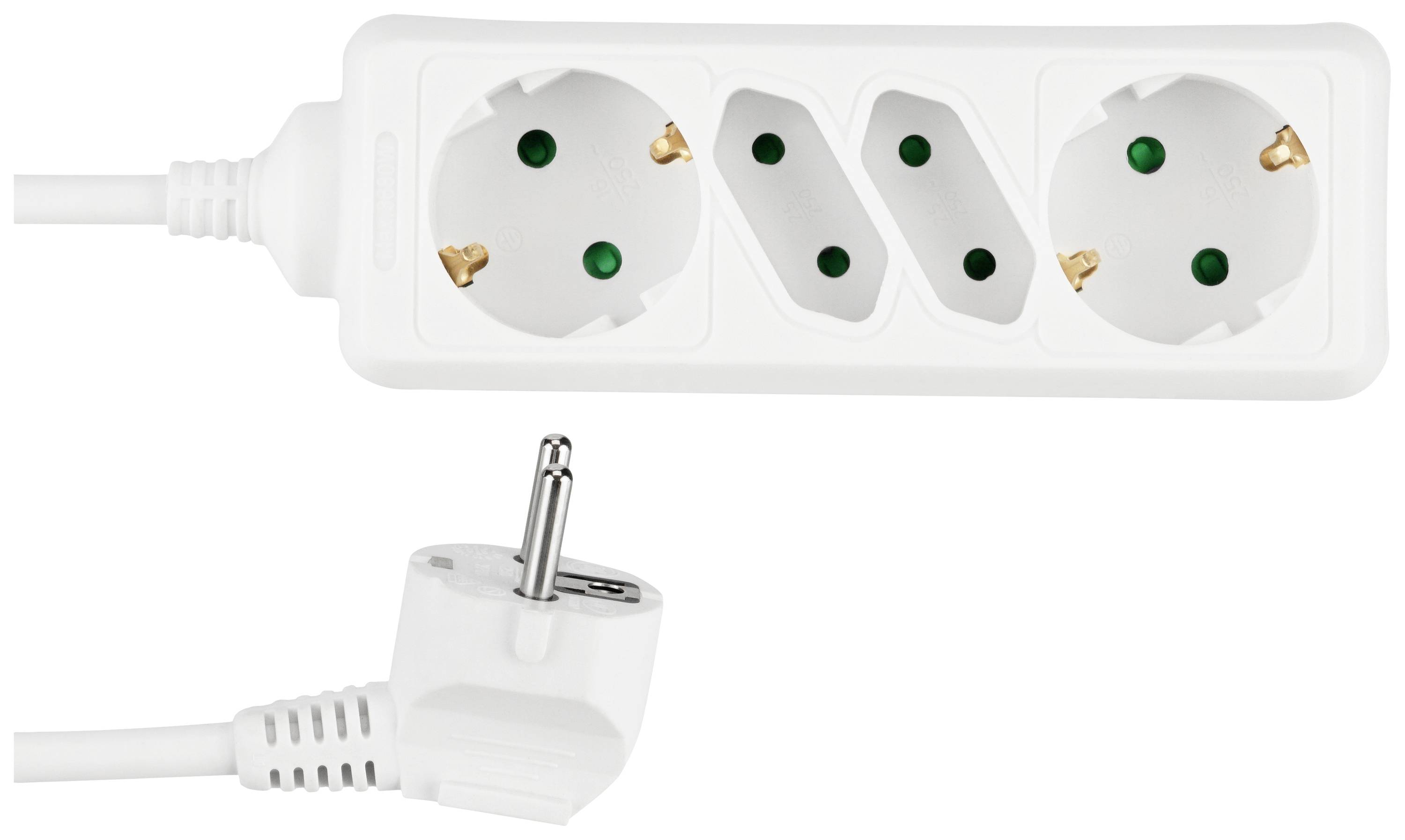 Ein weißer Mehrfachstecker mit zwei runden und einem flachen Steckplatz, verbunden mit einem europäischen Stecker.