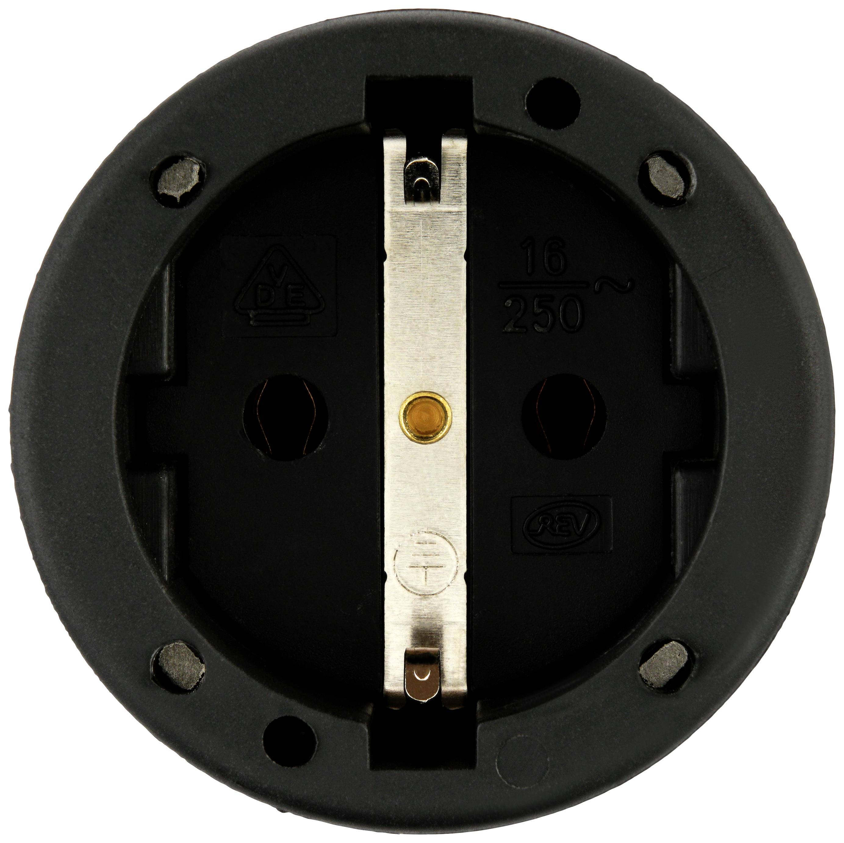 Eine schwarze runde Steckdose mit zwei Löchern für Schuko-Stecker, geeignet für 16 A und 250 V, frontal abgebildet.
