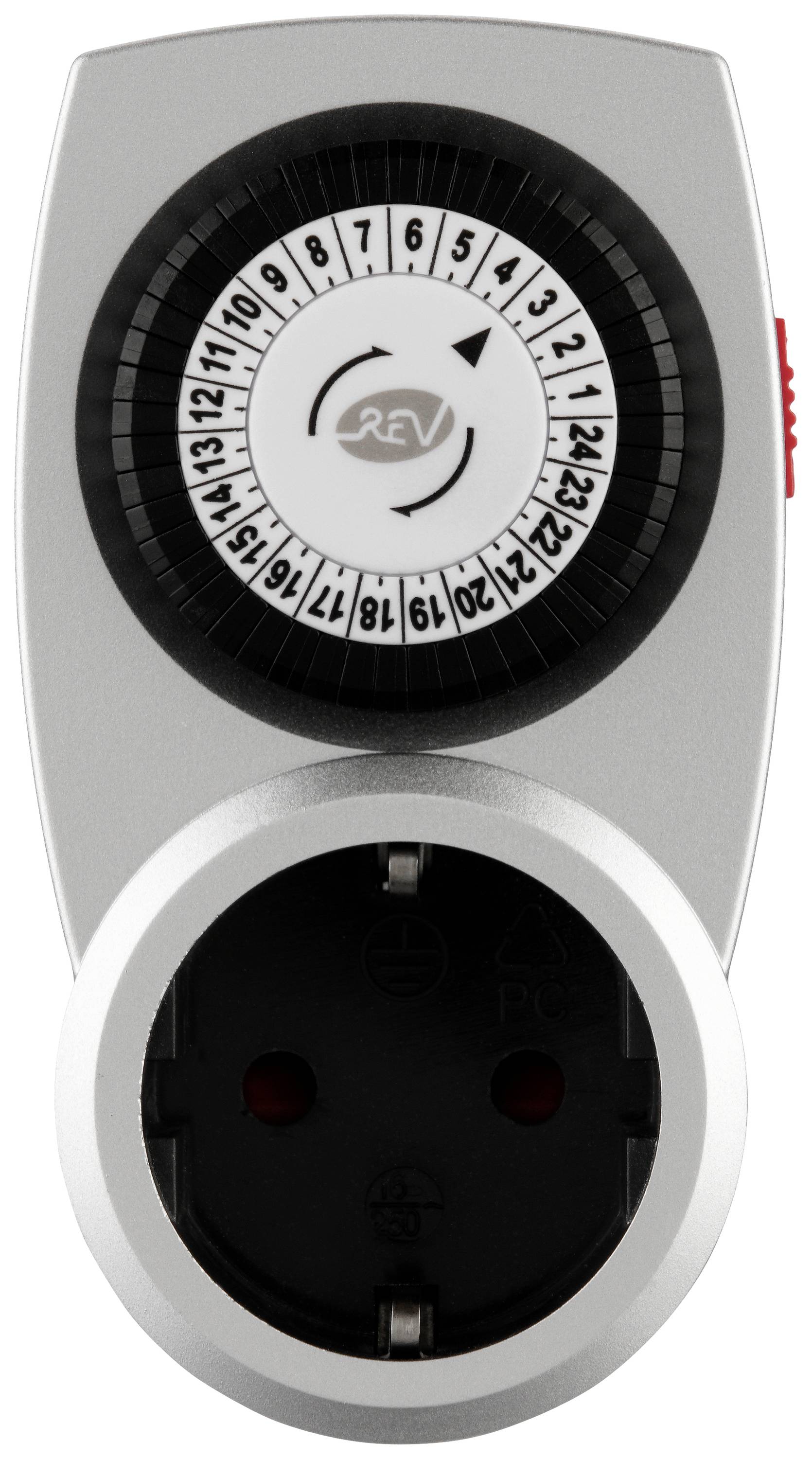 Schaltzeituhr mit Drehknopf zur Einstellung von 24-Stunden-Intervallen; untere Hälfte zeigt Steckdose zum Einstecken von Geräten.