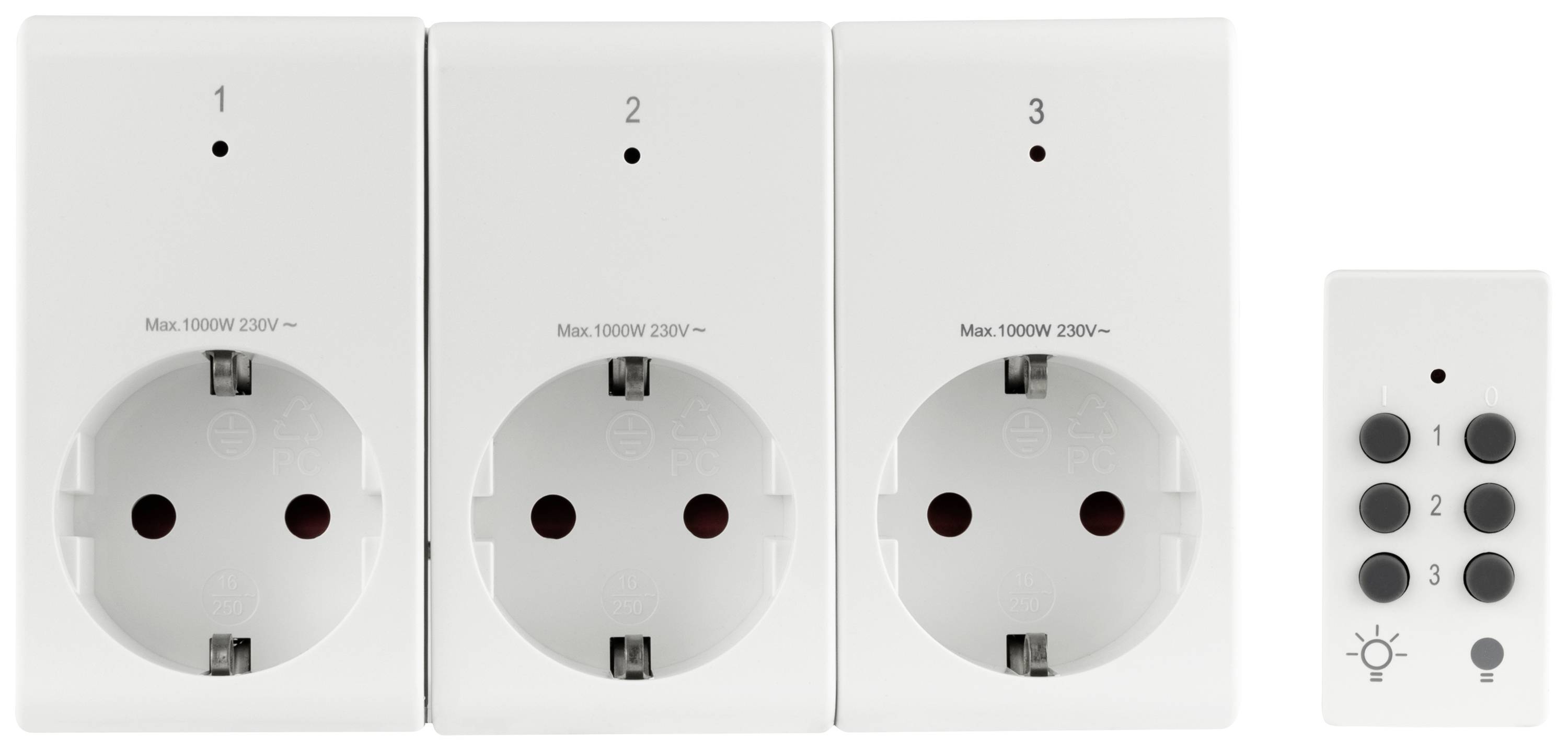 'Drei Steckdosen mit Nummern 1, 2, 3 und eine Fernbedienung mit Tasten für jede Steckdose sowie eine Lichttaste.'