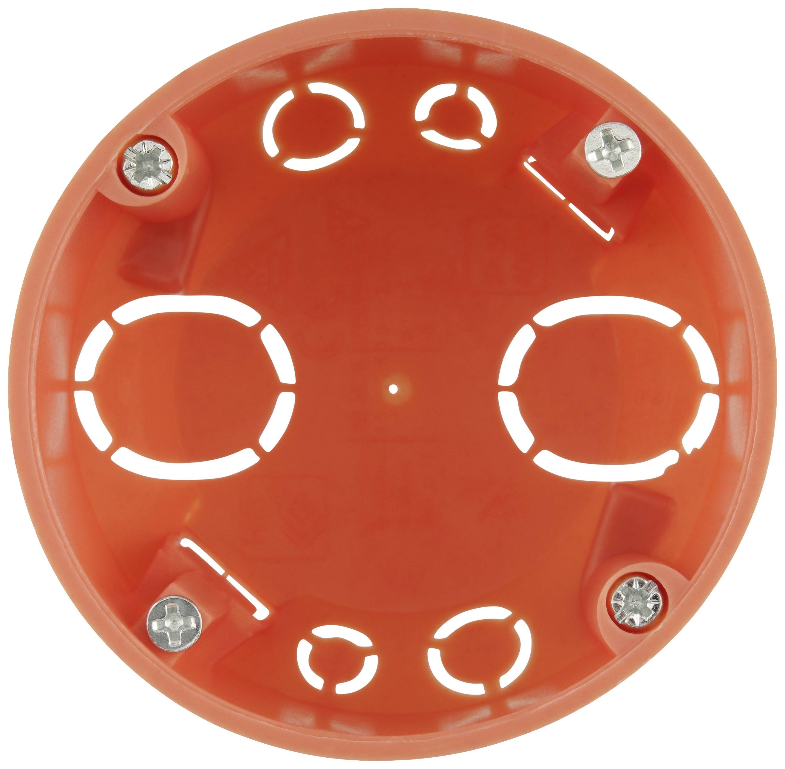 Runde orange Unterputzdose mit mehreren Kabelöffnungen und vier Schraubenlöchern für die Elektroinstallation.