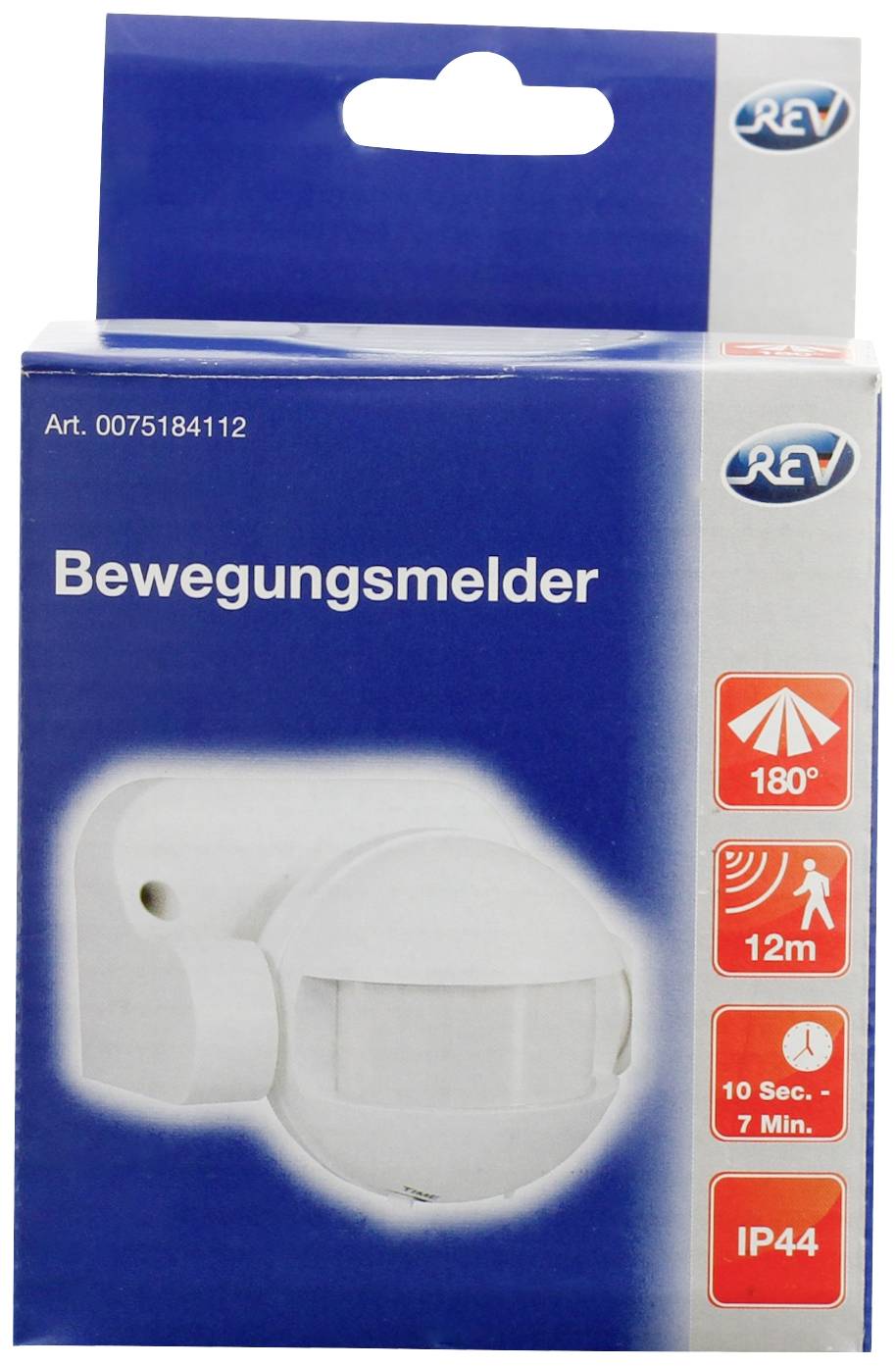 Bewegungsmelder-Verpackung mit blauer Oberfläche. Zeigt Sensordaten: 180° Abdeckung, 12m Reichweite, IP44 Schutz, 10 Sek.-7 Min. Timer.