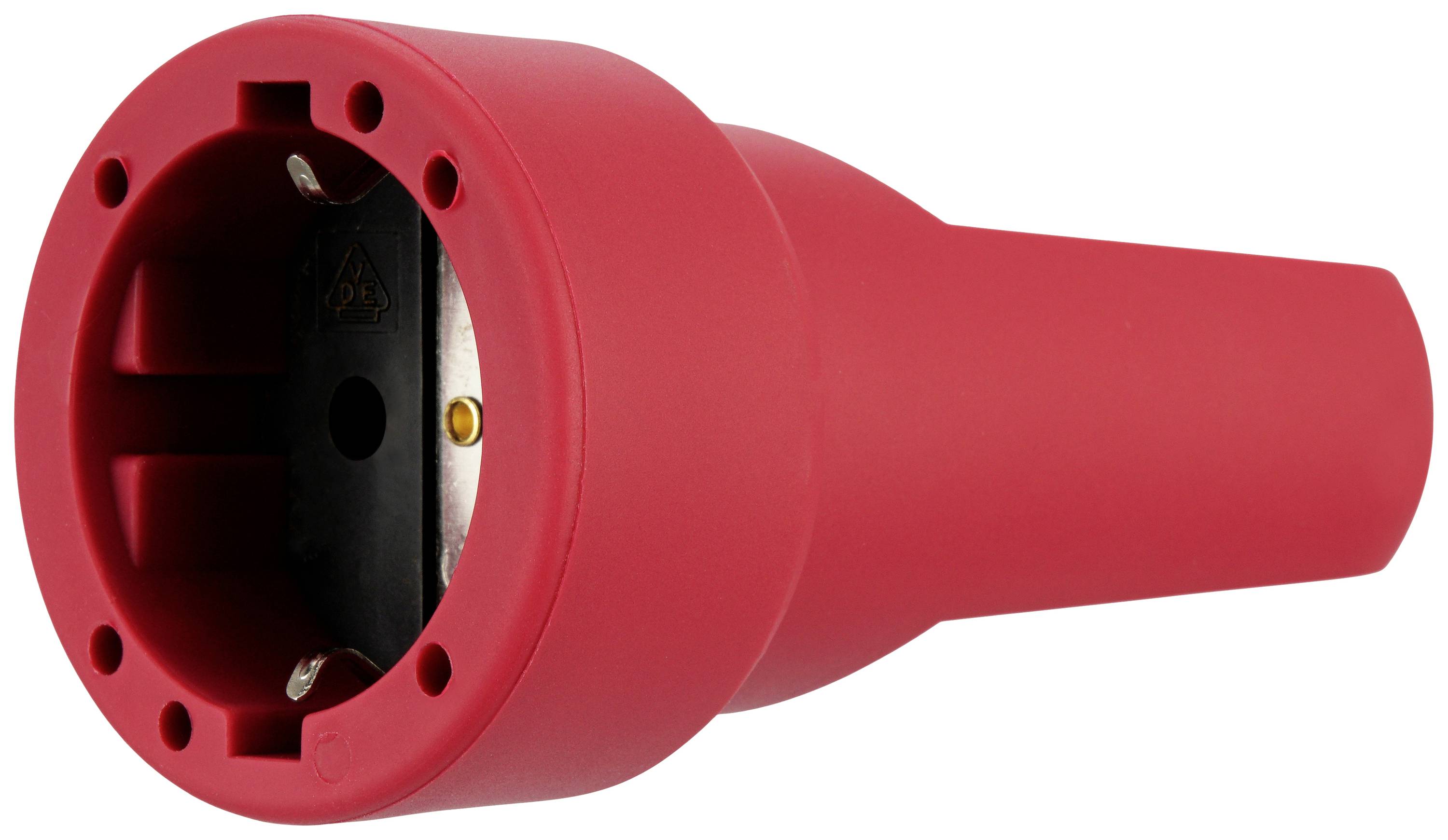 Roter elektrischer Stecker mit runder Form und drei Anschlüssen, geeignet für Hochspannungsanwendungen, auf weißem Hintergrund.