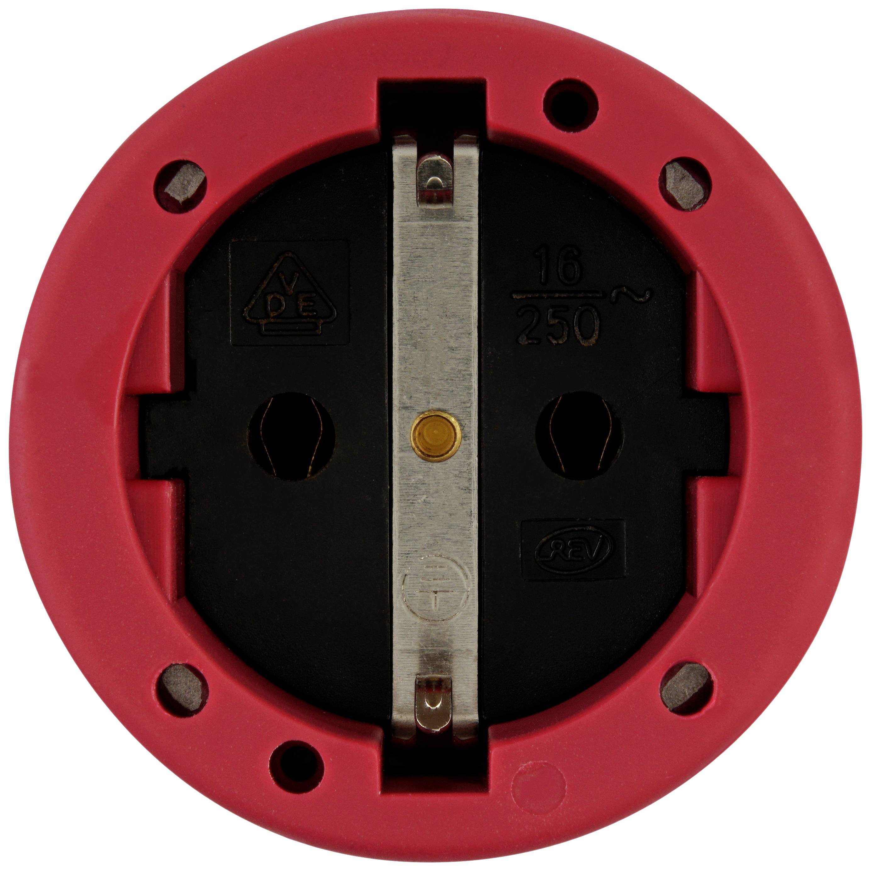Eine rote Steckdose mit schwarzen und silbernen Details, spannungsführend bis 250 Volt.