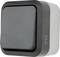 Wandsteckdose mit Schutzart IP55 in modernem Design. Graues Gehäuse mit abgedichtetem Deckel, geeignet für Außenbereiche.