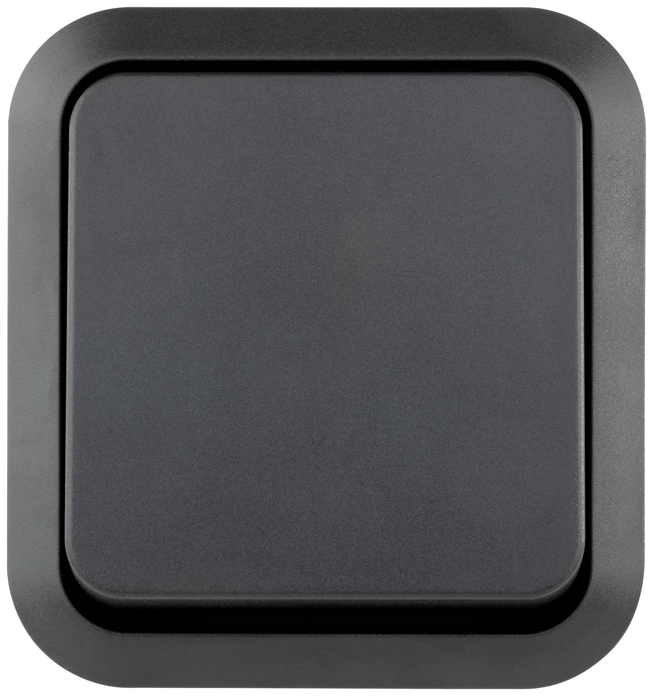 Schwarze, quadratische Kunststofffläche mit abgerundeten Ecken.