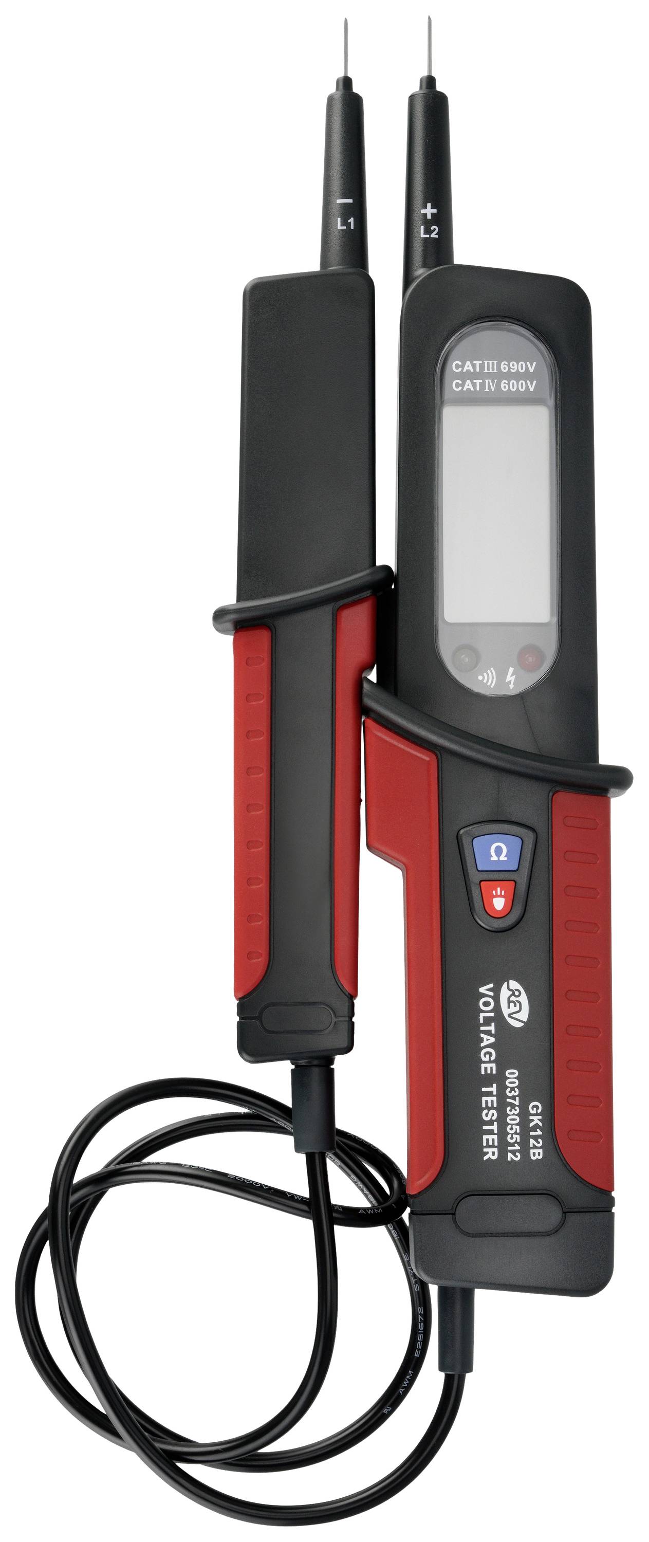 Ein Spannungsprüfer mit digitalem Display, zwei abnehmbaren Prüfspitzen und einem Kabel. Geeignet für Elektriker zur Spannungsmessung.