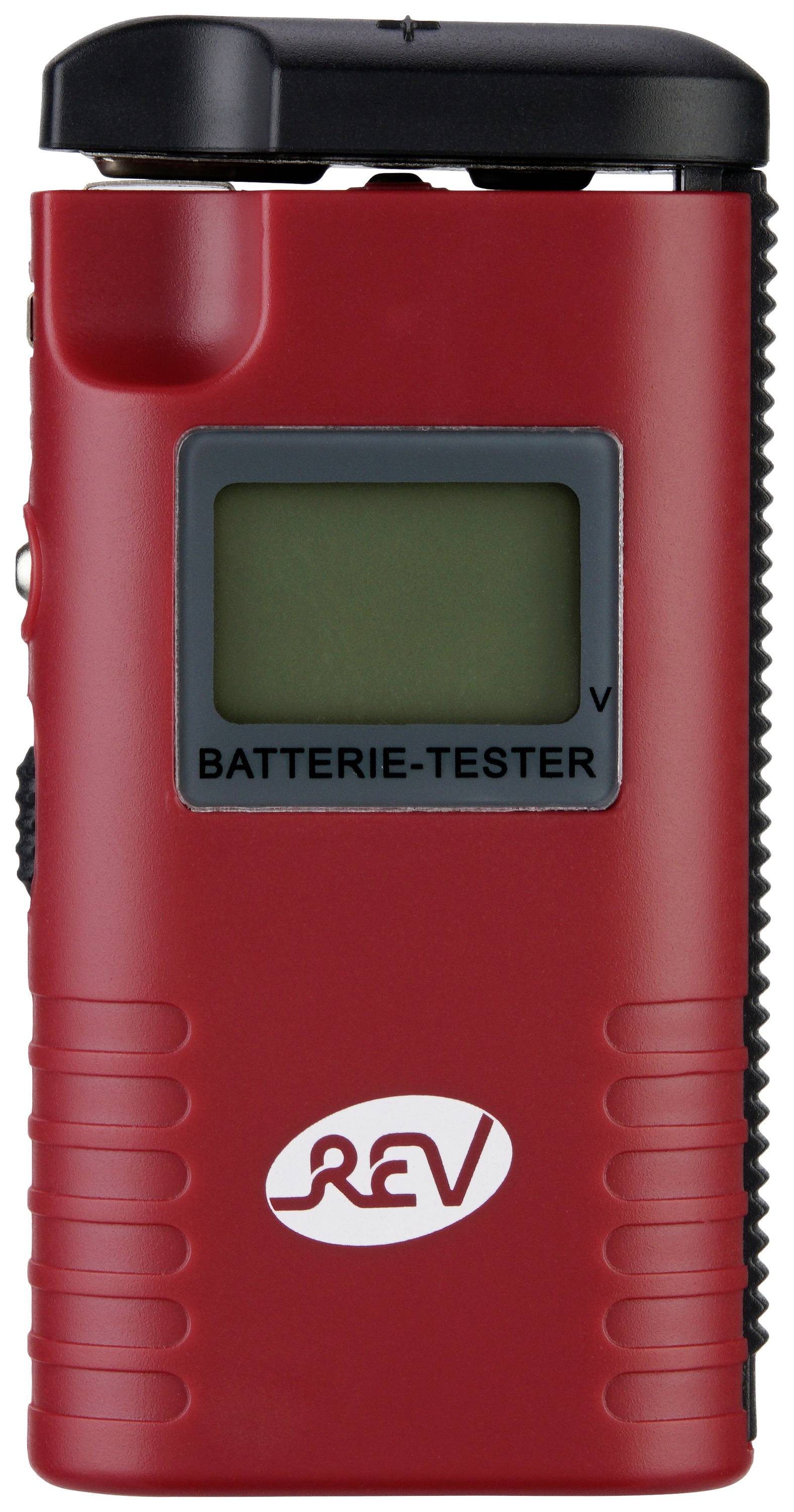 Rotes Batterietestgerät mit digitaler Anzeige und der Aufschrift 'BATTERIE-TESTER'.