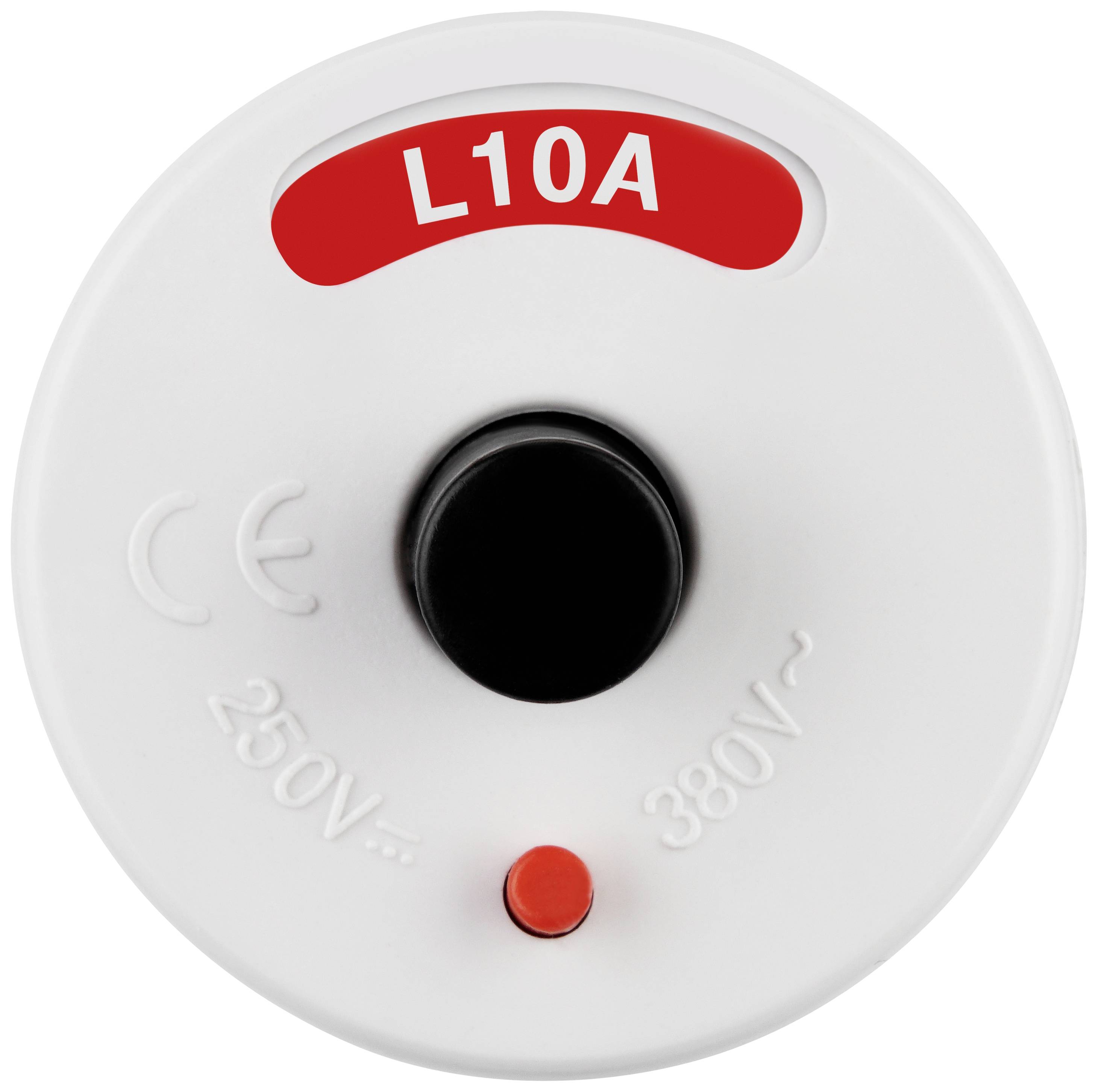 Ein rundes, weißes Sicherungselement mit rotem 'L10A' Aufdruck, geeignet für 250V~ und 380V~. Ein schwarzer und ein kleiner roter Punkt.