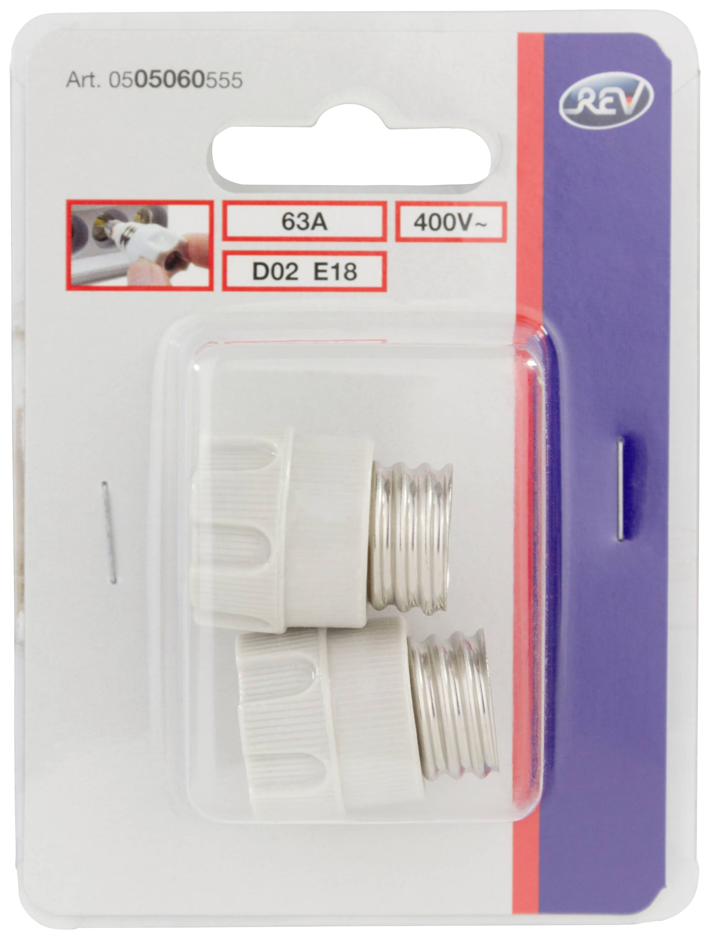Zwei weiße Sicherungen der Marke REV, Modell 63A 400V, in einer Blisterverpackung. Oben links sind Anwendungsbilder abgebildet.