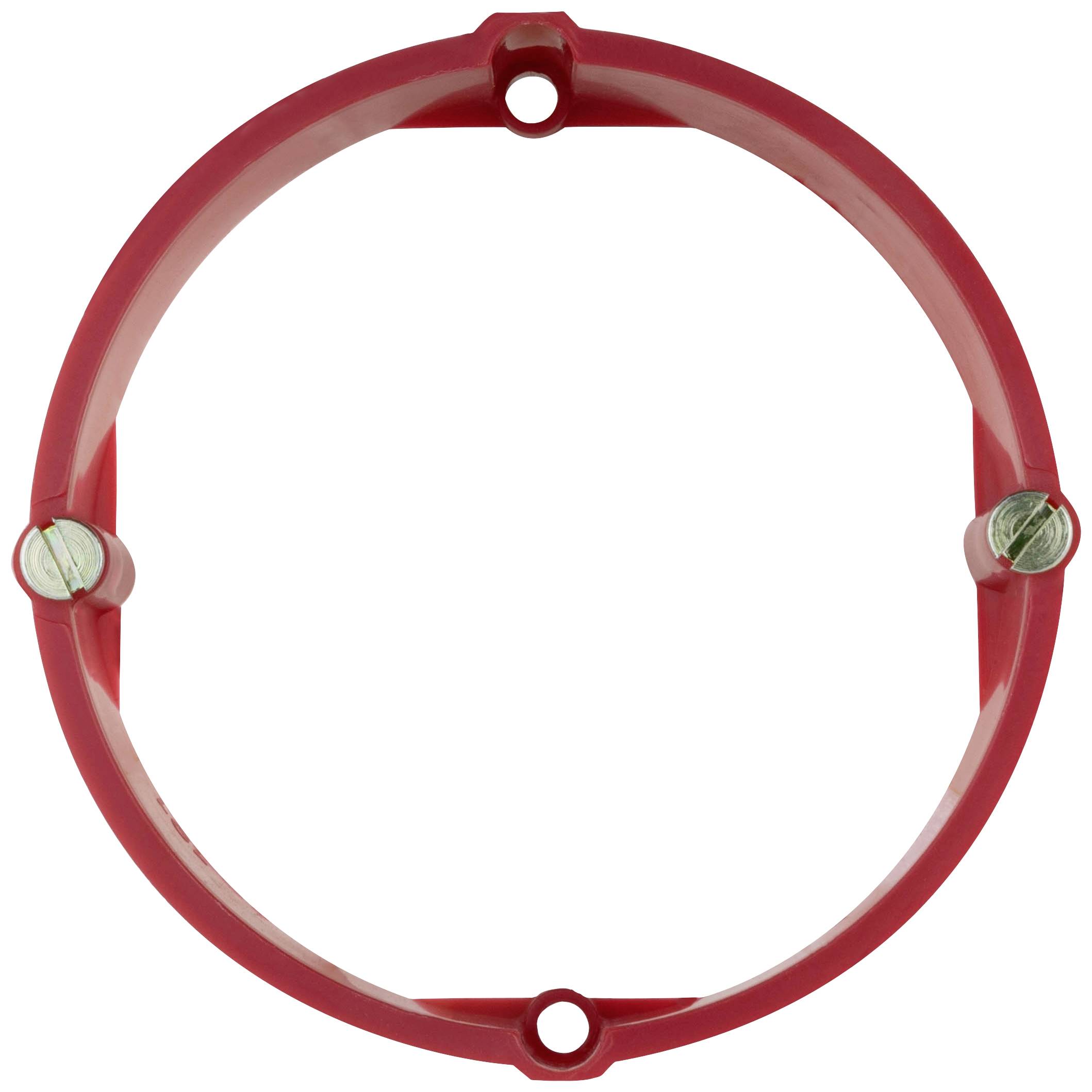 Roter Kunststoffring mit drei metallenen Schrauben gleichmäßig verteilt, auf weißem Hintergrund.
