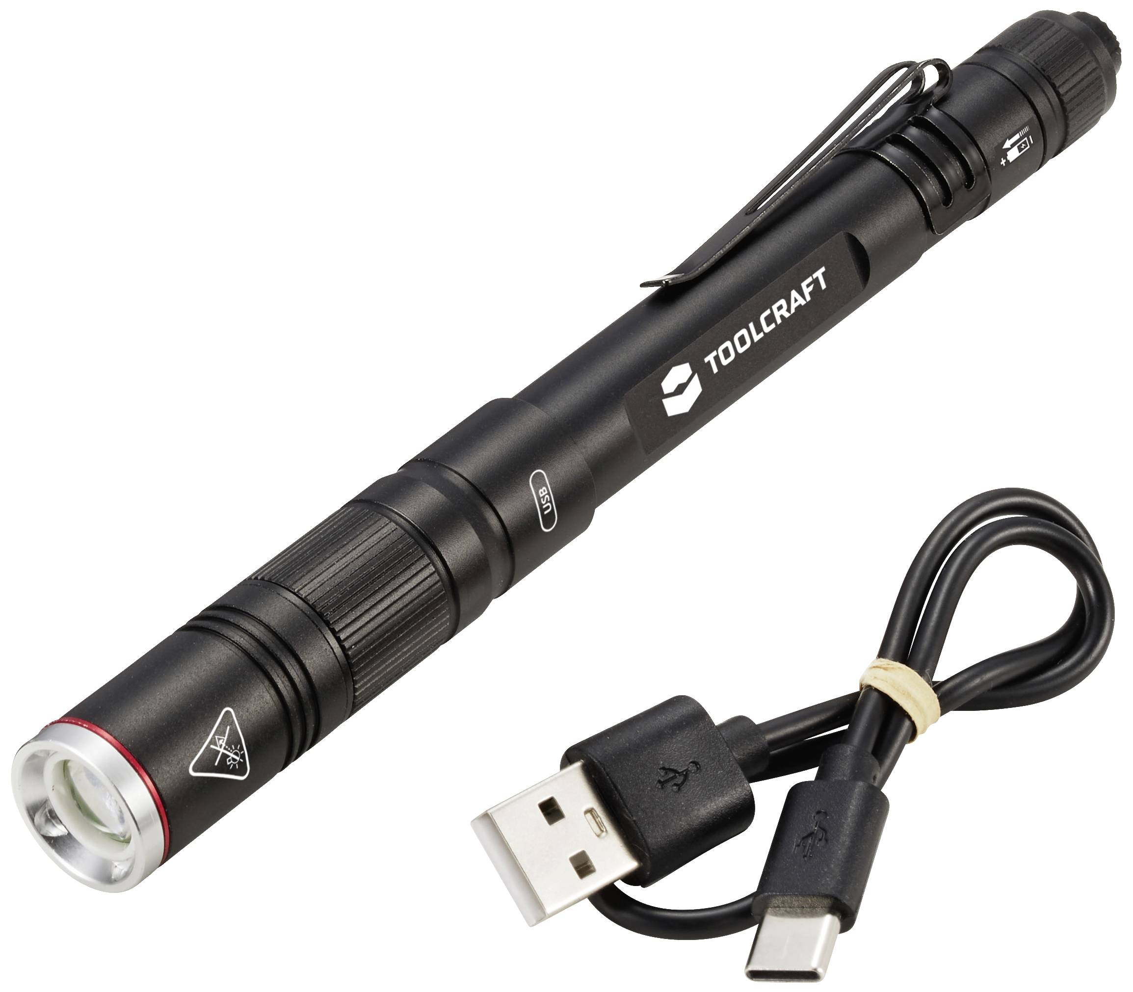 Schwarze Stiftlampe von TOOLCRAFT mit USB-Ladekabel.