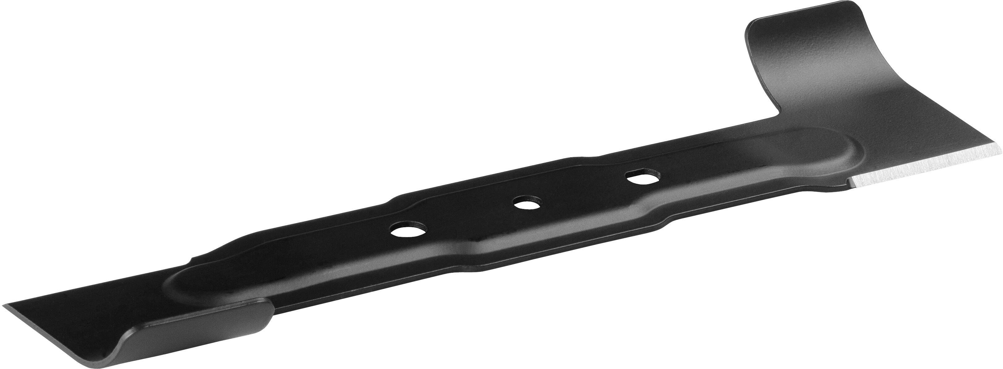 Schwarzes, metallisches Mähmesser mit drei Löchern in der Mitte, flacher Kante und gebogenem Ende, verwendet für Rasenmäher.