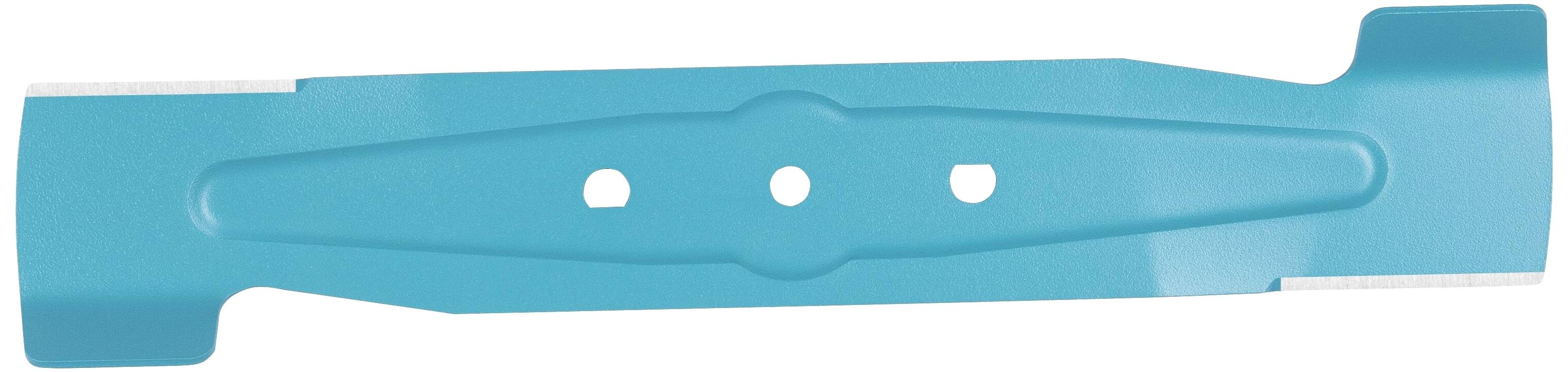 Ein blaues Metallmesser mit drei Löchern in der Mitte. Es wird für Rasenmäher verwendet.