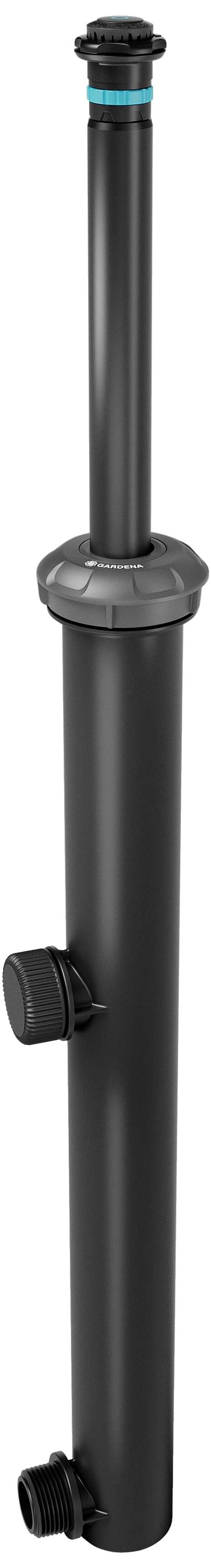 Ein schwarzer Sprenger mit zwei verstellbaren Schrauben, geeignet für Gartenbewässerungssysteme.