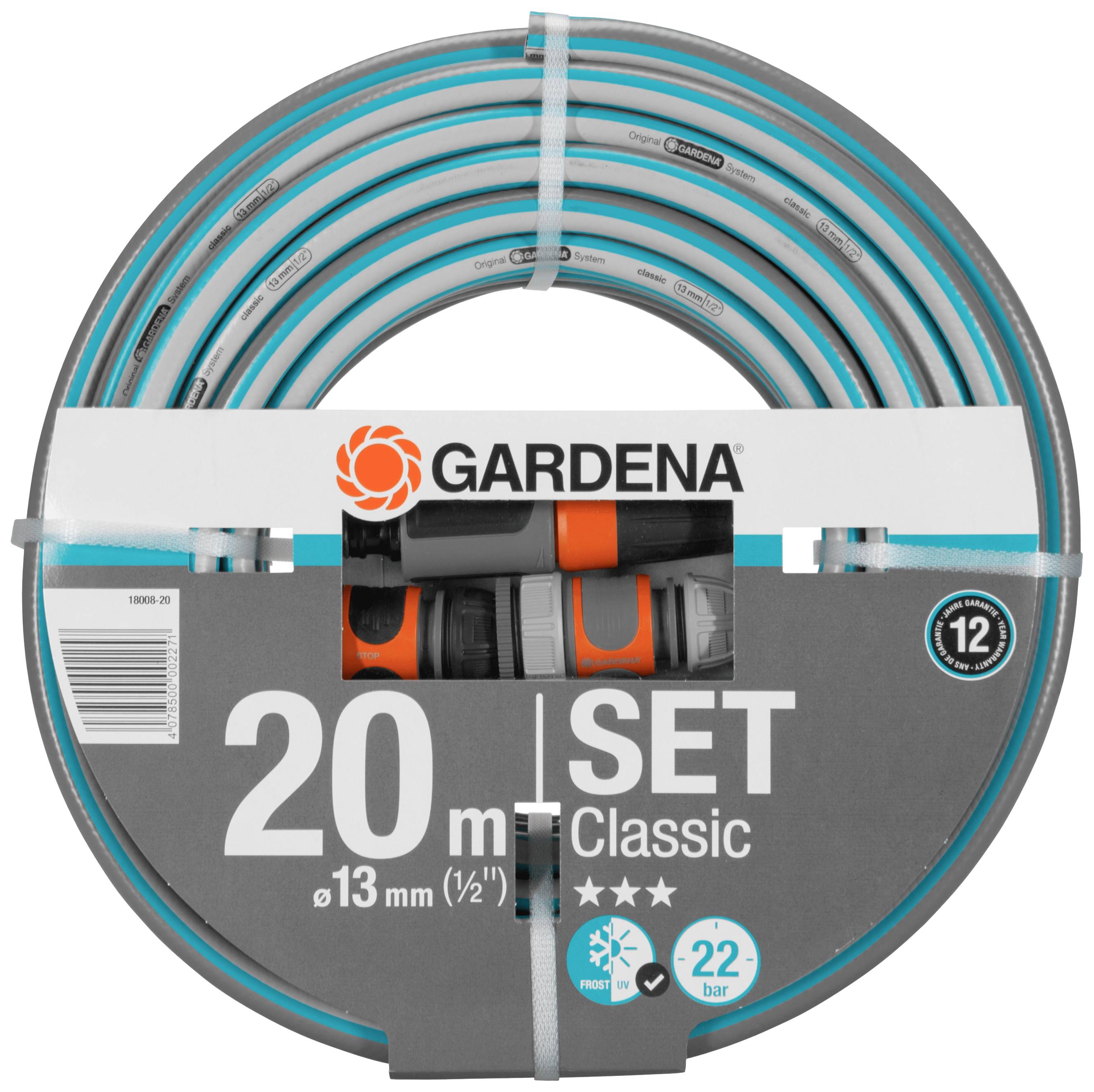 'Gardena Classic Gartenschlauchset, 20 Meter, 13 mm (1/2 Zoll), inkl. Anschlussteile, geeignet für bis zu 22 bar Wasserdruck.'