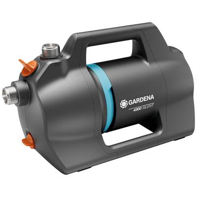 Eine schwarze Gardena 4300 Silent Wasserpumpe mit zwei Anschlüssen und einem blauen Streifen auf der Seite, geeignet für Gartenbewässerung.