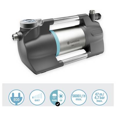 Eine Pumpe mit der Bezeichnung „Gardena", entwickelt für leisen Betrieb, Umweltfreundlichkeit und Regen-/UV-Schutz. Maximale Spezifikationen: 5600 l/h, 47 m/4,7 bar.