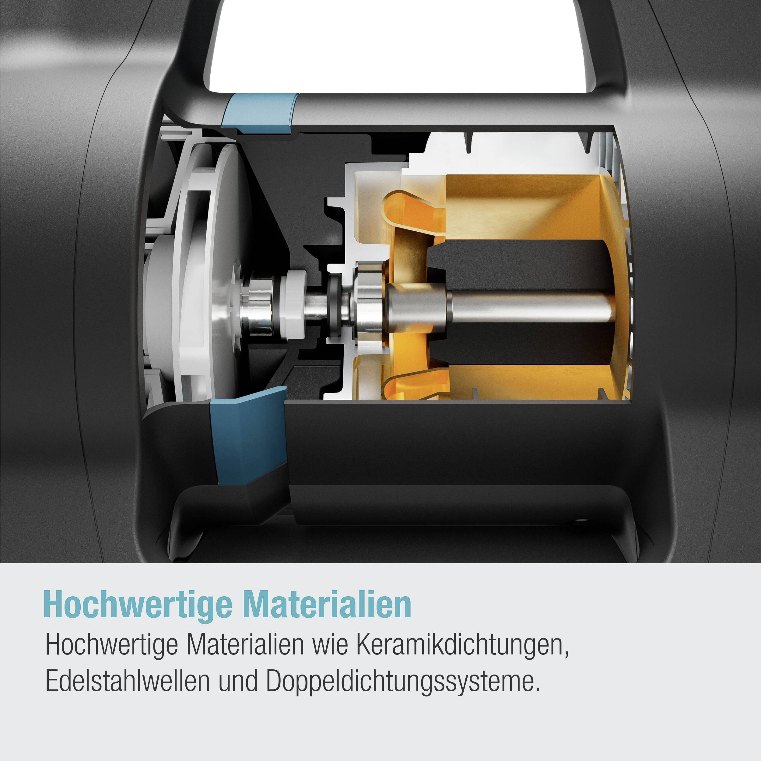 Hochwertige Materialen: Querschnitt eines Pumpen-Bauteils; zeigt Keramikdichtungen, Edelstahlwellen, Doppeldichtungssysteme.
