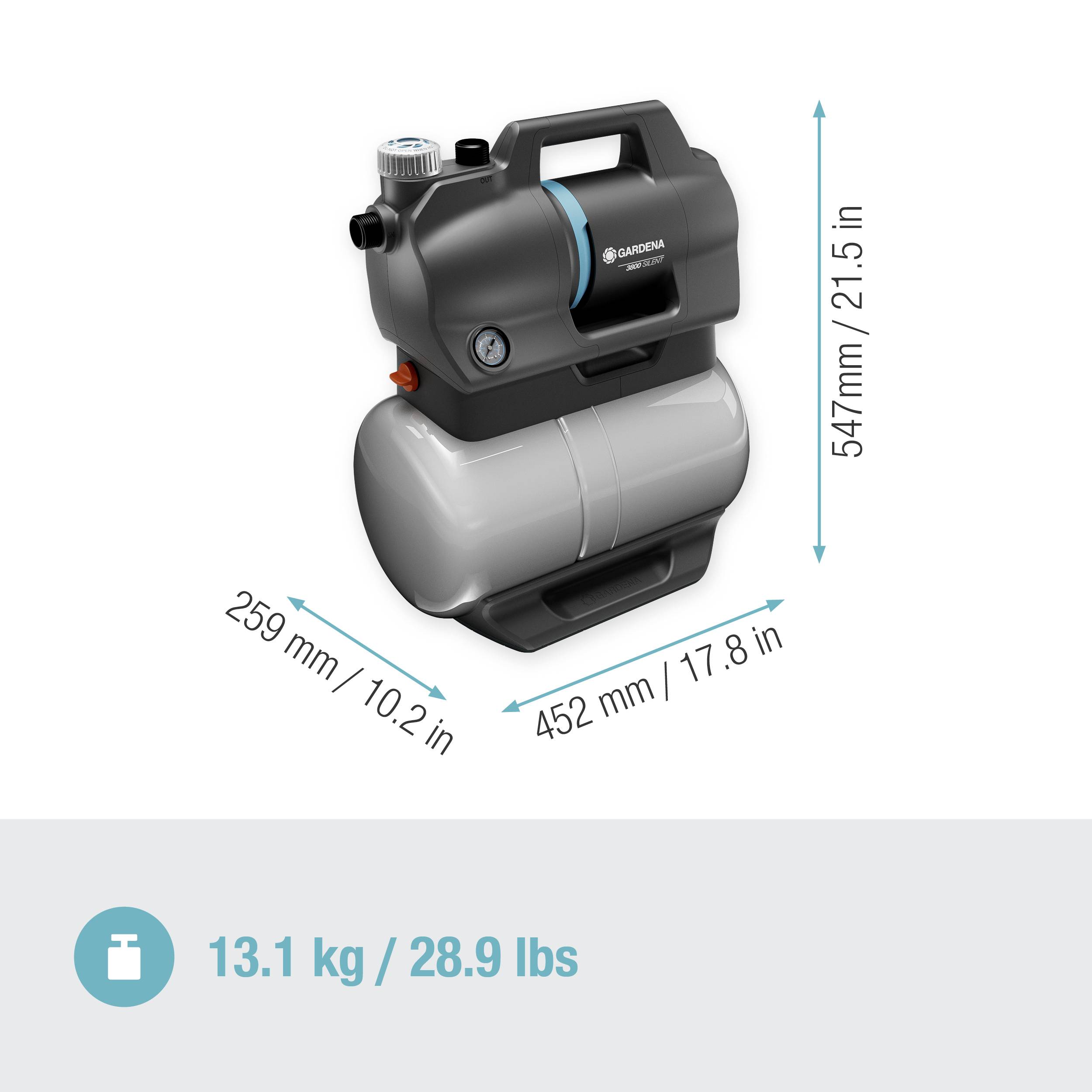 Das Bild zeigt eine Wasserpumpe mit den Maßen 259 mm x 452 mm x 547 mm und einem Gewicht von 13,1 kg.