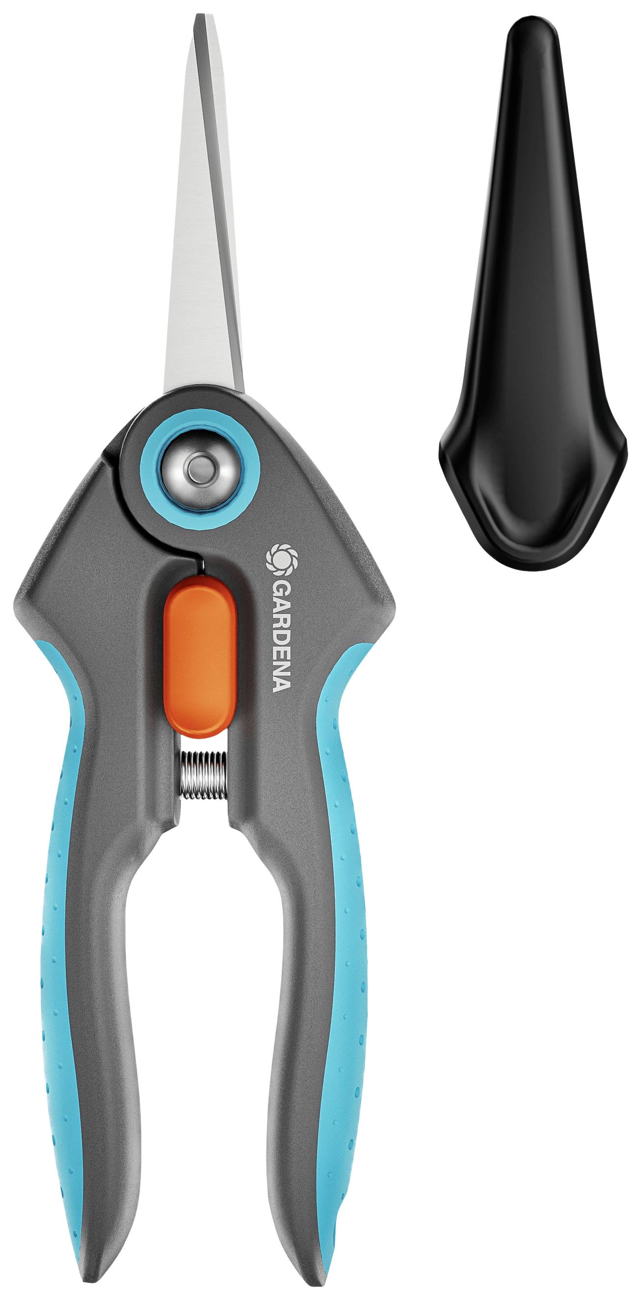 Schere mit Schutzkappe, ergonomischer Griff, Grauton mit blauen Akzenten, geeignet zum Schneiden von Pflanzen.