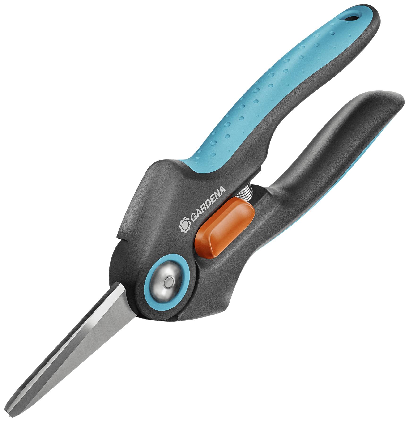 Eine Gartenschere mit blau-schwarzem Griff und orangenem Verschlussmechanismus, geeignet zum präzisen Schneiden von Pflanzen.