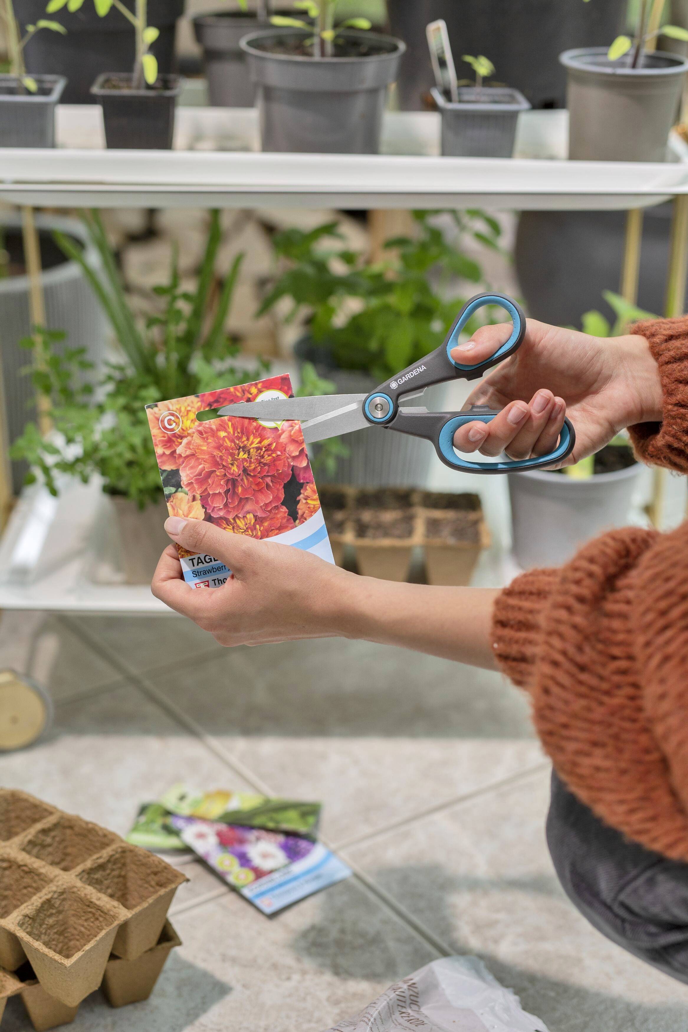 Person hält Schere und schneidet eine Verpackung für Blumensamen; im Hintergrund sind Töpfe mit Pflanzen und Setzlingen sichtbar.