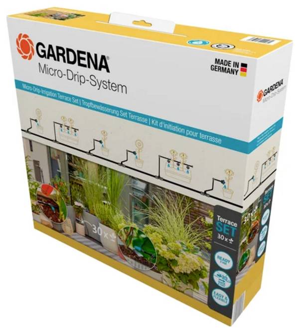 GARDENA Micro-Drip System 13400-20 Bewässerungs-Komplettset 13 mm (1/2") Ø  Tropfbewässerung Terrasse (30 Pflanzen)