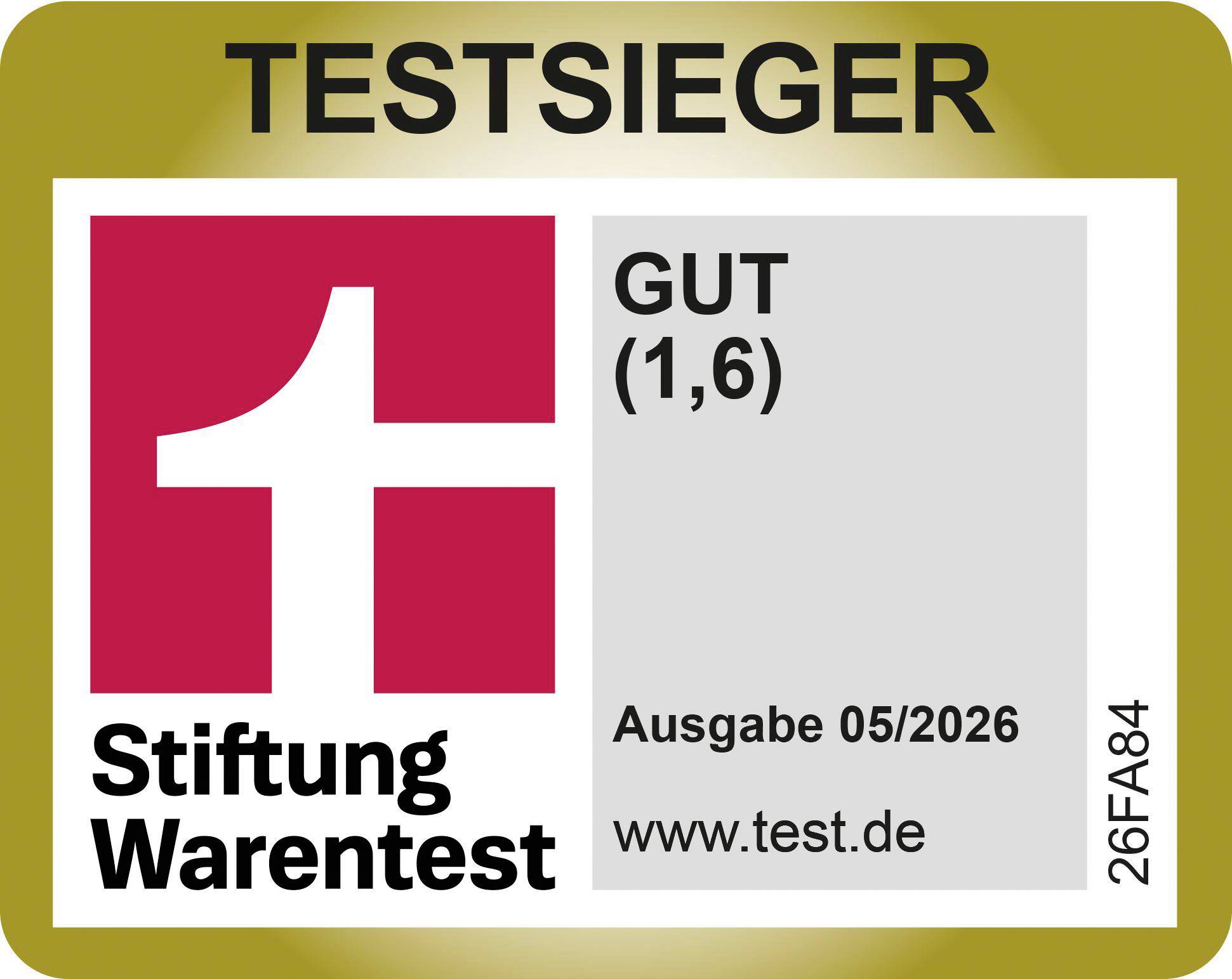 Stiftung Warentest „Testsieger"-Siegel mit Bewertung „GUT (1,6)" für Ausgabe 05/2026.
