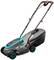 Elektrischer Rasenmäher mit schwarzem Gehäuse und blauen Akzenten, geeignet für kleine bis mittelgroße Gärten.