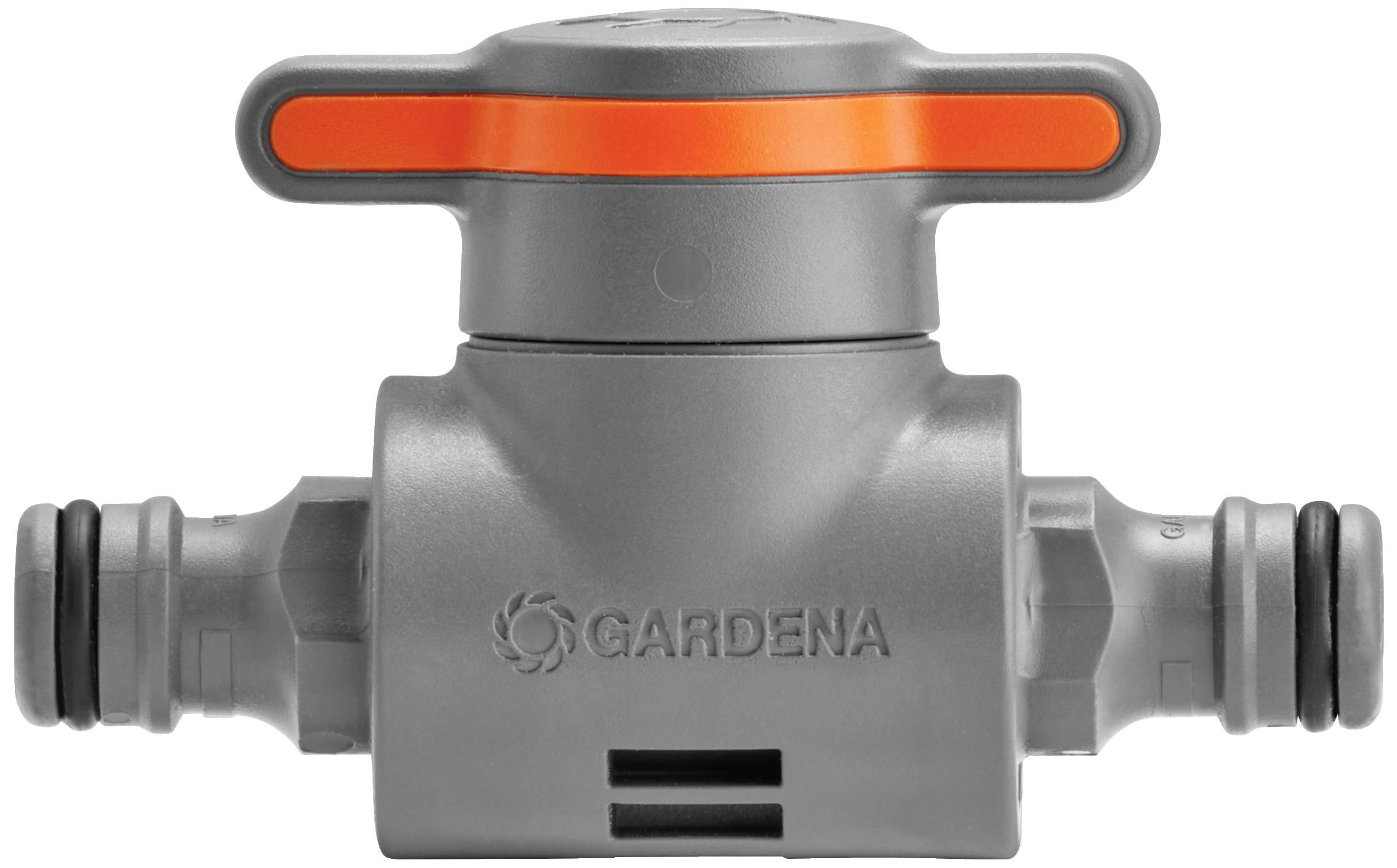 'Grauer Wasserstop mit orangem Hebel und zwei Anschlussstücken, Marke Gardena. Wird verwendet, um Wasserfluss im Gartenschlauch zu steuern.'