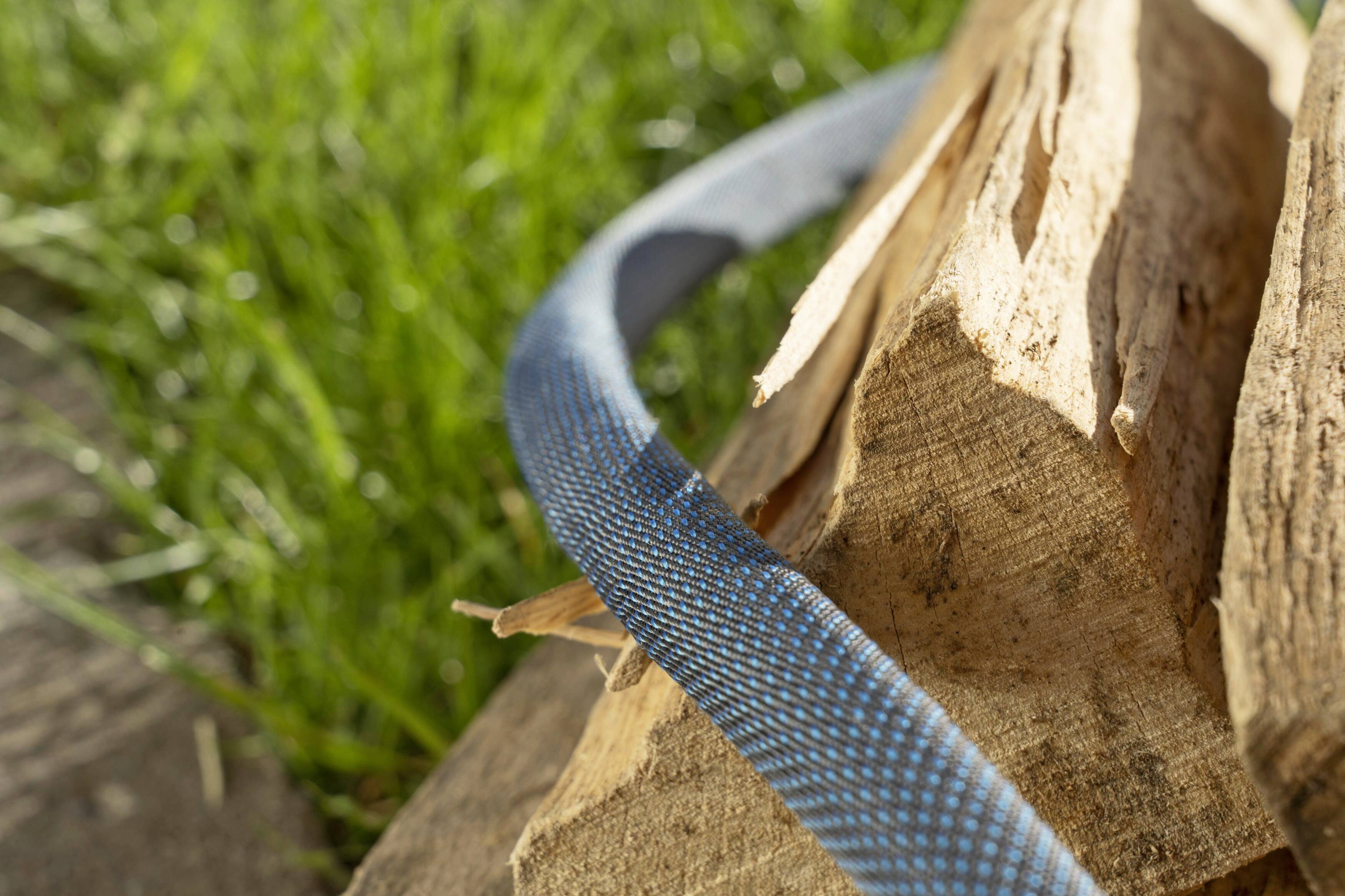 Ein blaues Seil liegt auf einem Stapel Holzscheite im Gras.