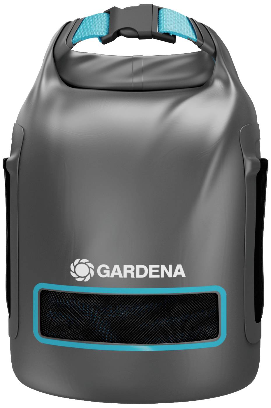 Grauer Rucksack mit türkisfarbenem Detail und schwarzem Netz, Marke 'Gardena' auf der Vorderseite.