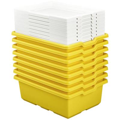 Gelber Stapelbehälter mit weißen Deckeln; ideal zur geordneten Lagerung oder Transport von Gegenständen im Büro oder Lager.