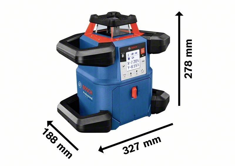 Ein blauer Bosch Rotationslaser mit Schutzgriffen, relevanten Produktmaßen (188 mm Breite, 327 mm Länge, 278 mm Höhe) und Bildschirmanzeige.