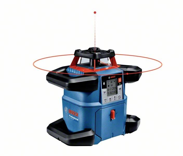 Bosch Laser-Nivelliergerät in Blau mit rotem Laserstrahl für präzises Vermessen und Nivellieren. Es hat ein digitales Display.