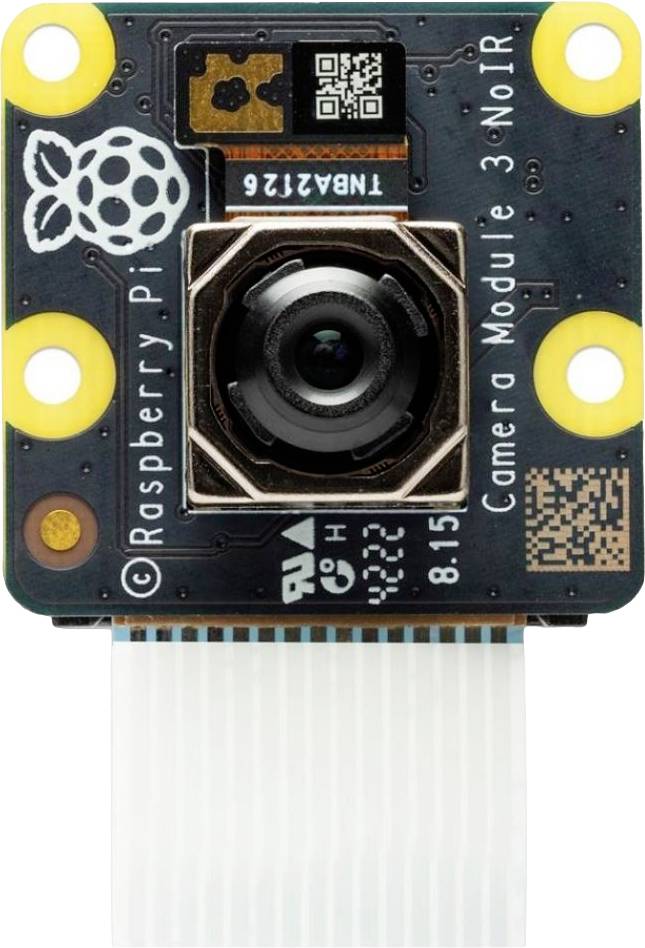 'Raspberry Pi Camera Module 3 NoIR' zeigt die Vorderseite einer Kamera mit Linse und Flachbandkabel, geeignet für Infrarot-Fotografie.