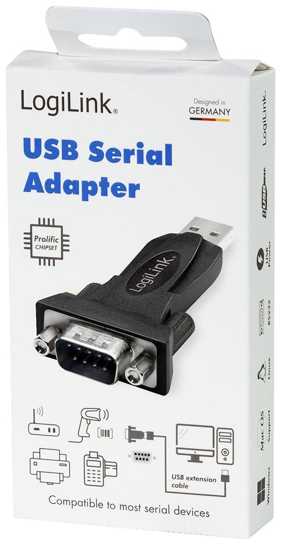 'LogiLink USB Serial Adapter' Verpackung mit Bild des Adapters. Text: 'Compatible to most serial devices'. Designed in Germany.