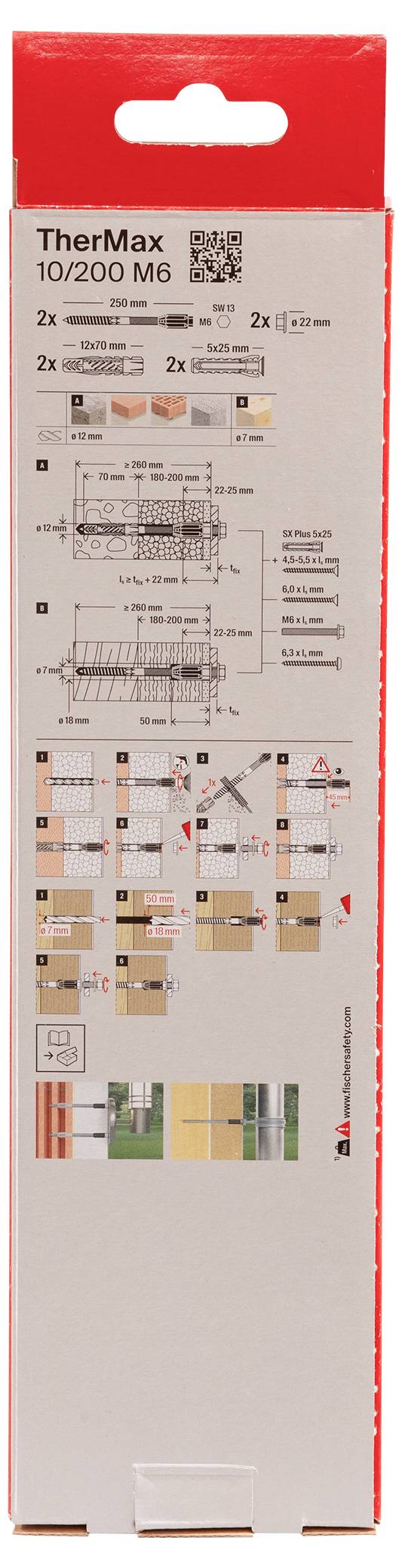 Verpackung von TherMax 10/200 M6 mit Diagrammen zur Anwendung und Montage von Befestigungselementen. Oben ist ein QR-Code sichtbar.