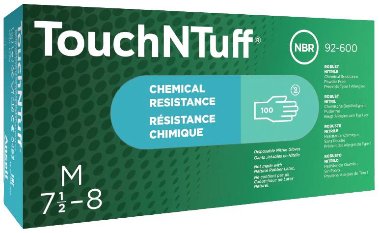 Grüne Verpackung von Nitrilhandschuhen 'TouchNTuff'. Größe M, chemikalienbeständig, mit Text in Englisch und Französisch.