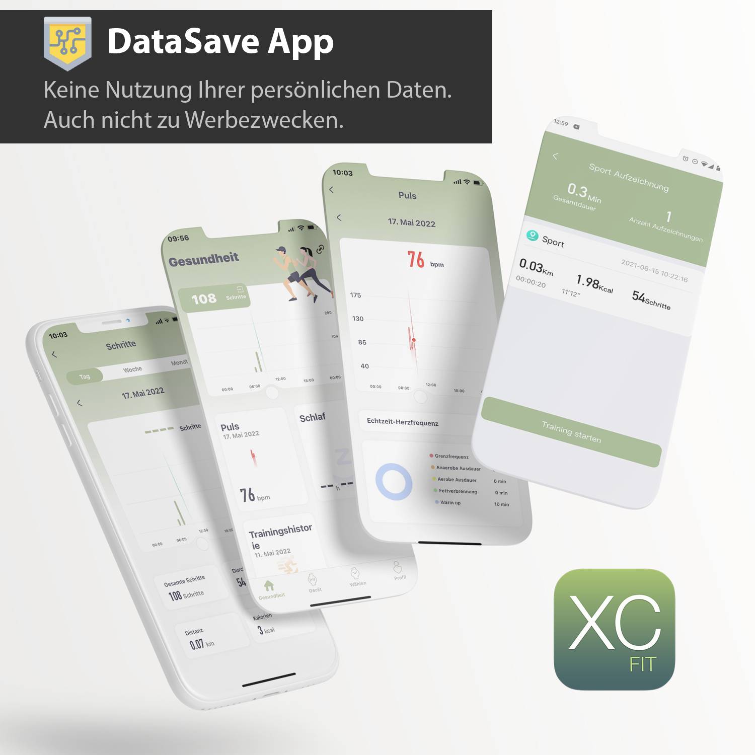 'Darstellung der DataSave App mit Gesundheitsdaten, Trainingshistorie und Pulsüberwachung. Slogan: Keine Nutzung Ihrer persönlichen Daten.'