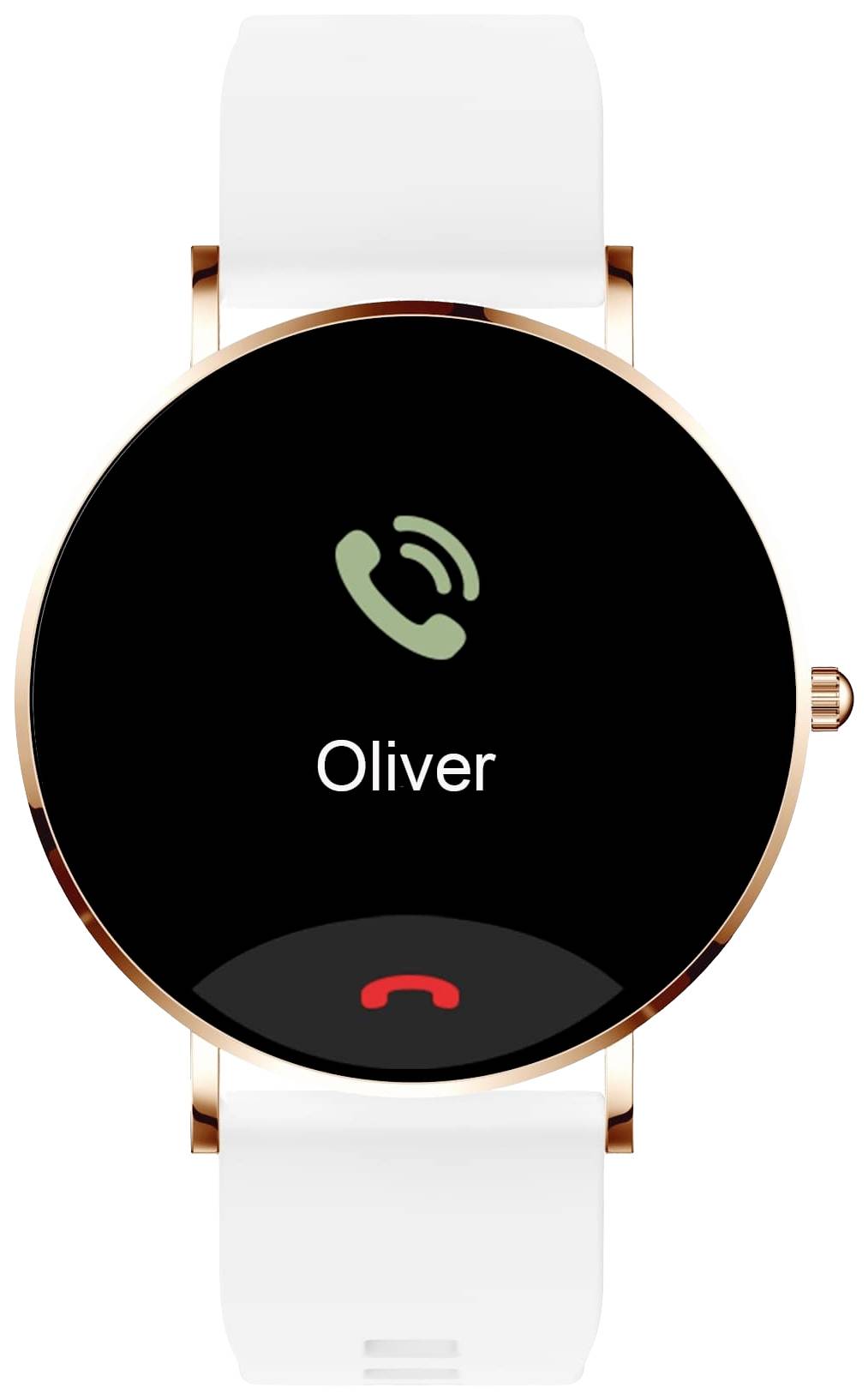 Smartwatch mit weißem Armband zeigt einen eingehenden Anruf von 'Oliver' an.